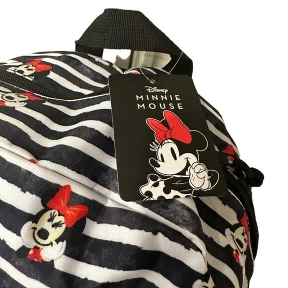 Disney Minnie Mouse Black White Striped Backpack with Red Accents